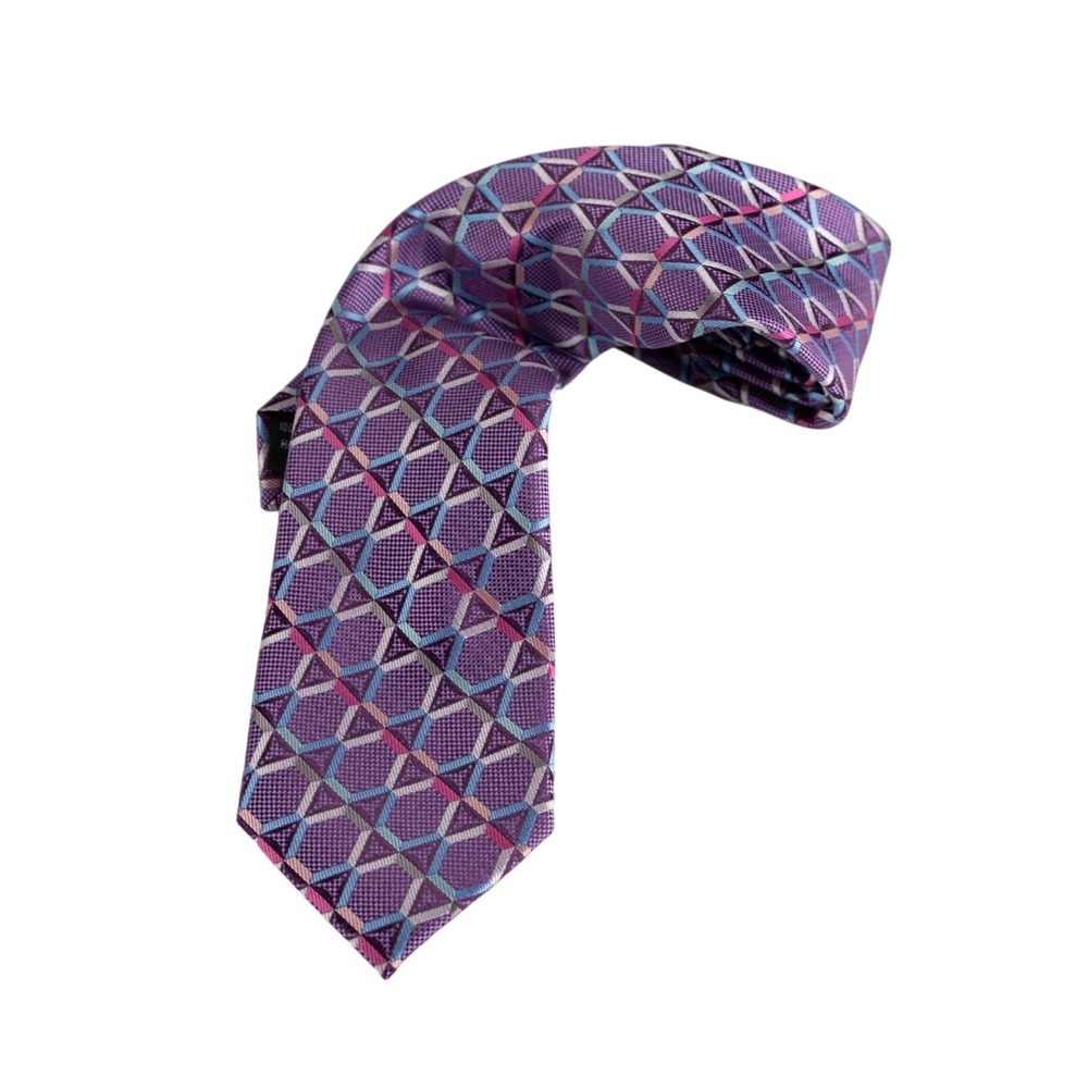 XMI Necktie Mens Purple blue Geometric Honeycomb Hand Made Polyester Tie 49"
